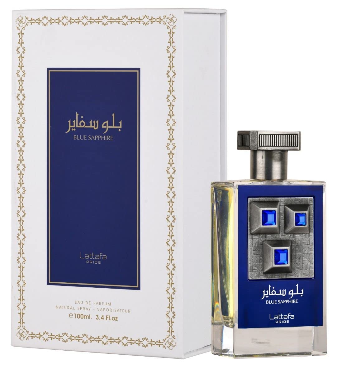 Lattafa Blue Sapphire bottle close-up highlights a bold, sophisticated scent ideal for evenings.