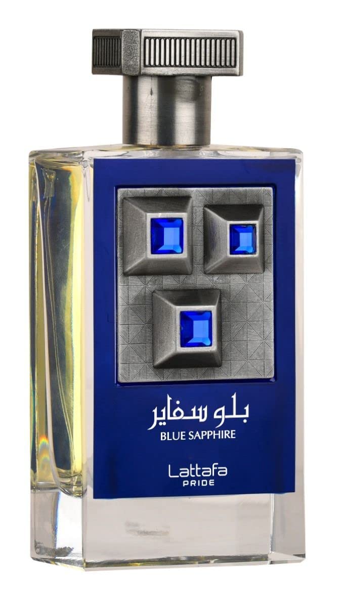 Lattafa Blue Sapphire spray bottle in action for year-round wear with a warm, spicy aura.