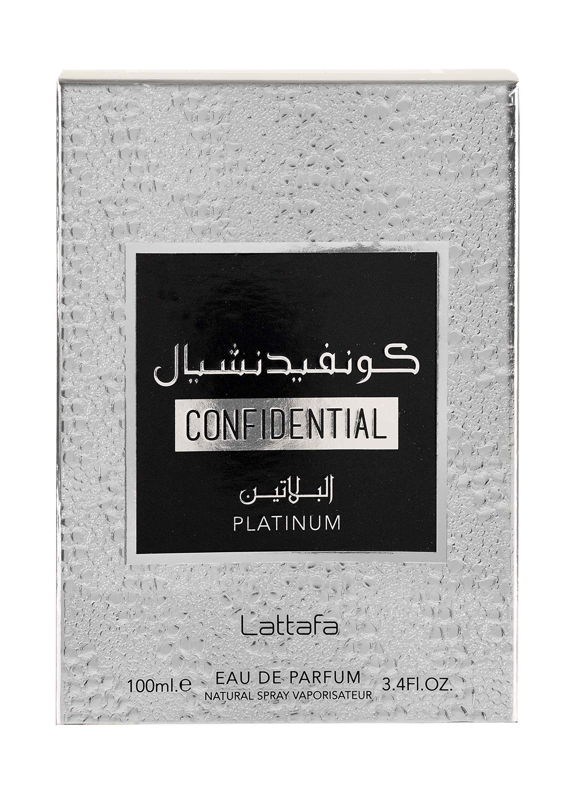 Lattafa Confidential Platinum display shot fruity-floral-woody profile in action