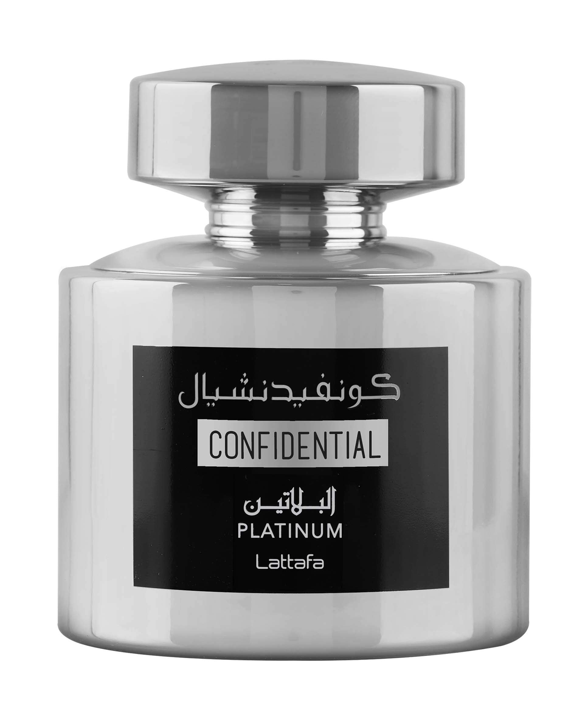 Lattafa Confidential Platinum flacon sleek design elevating fragrance shelf