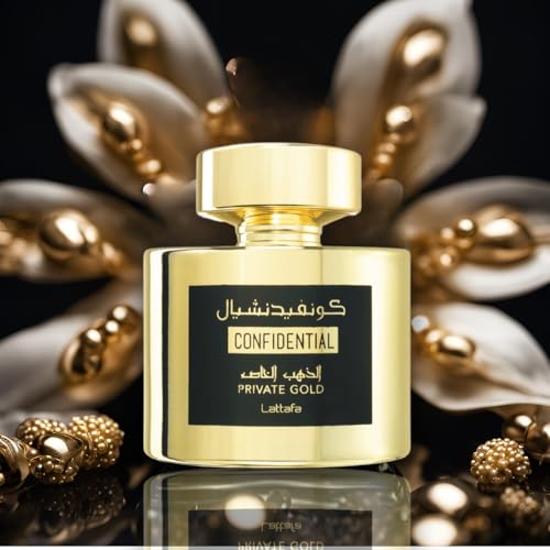 Lattafa Confidential Private Gold base notes musk vanilla sandalwood—warm, lasting finish for evenings.
