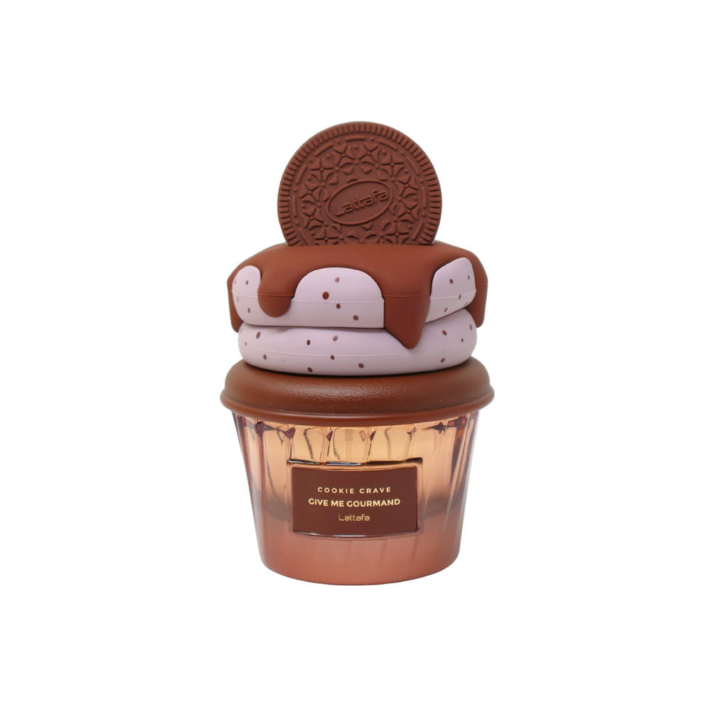 Lattafa Cookie Crave bottle closeup highlights cocoa butter and vanilla notes for scent profile.