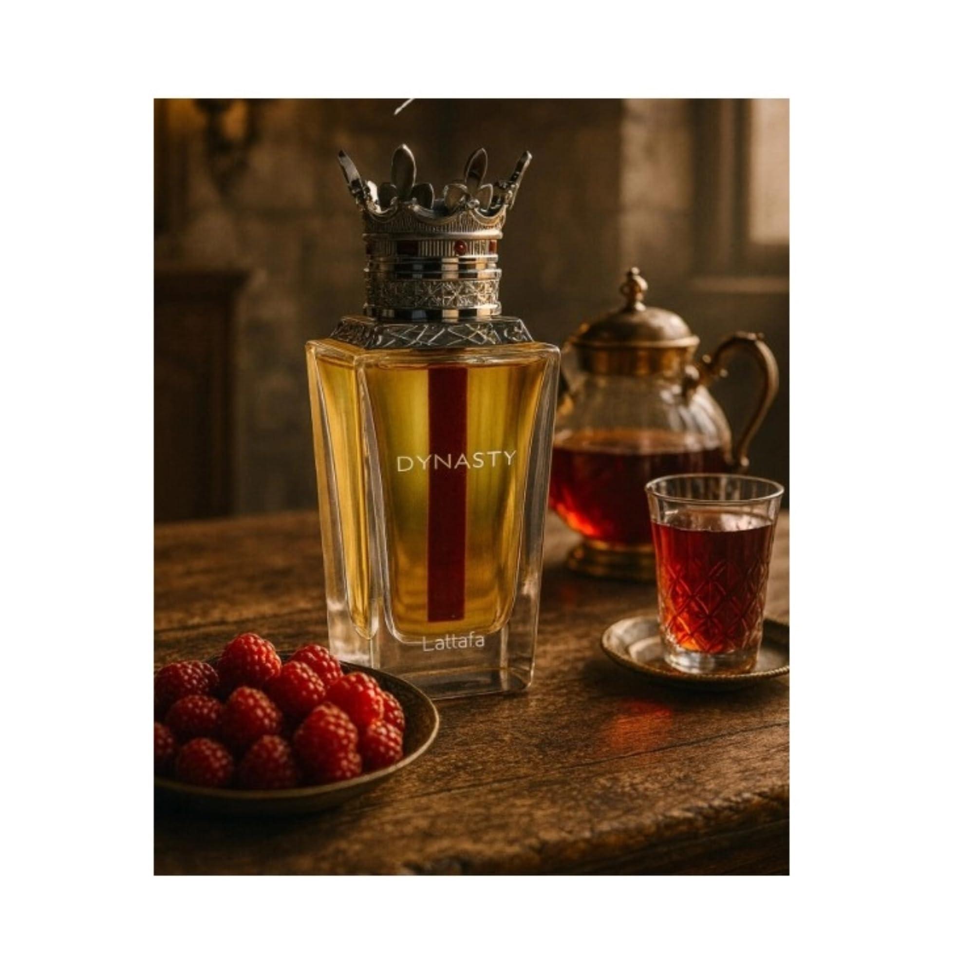 Lattafa Dynasty elegant bottle on display, a gift-worthy fragrance for lovers of perfumery.