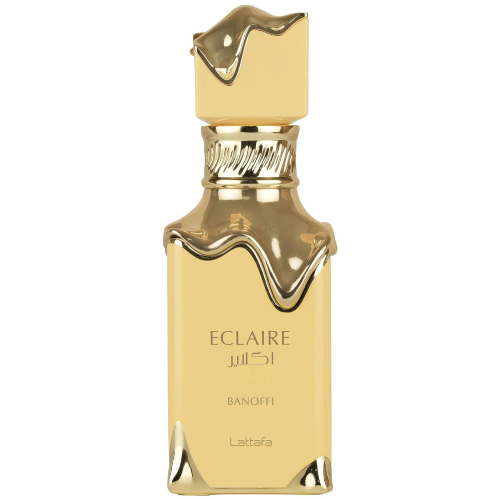 Lattafa Eclaire Banoffi bottle close-up, ideal for dessert-inspired evenings and everyday sweetness.