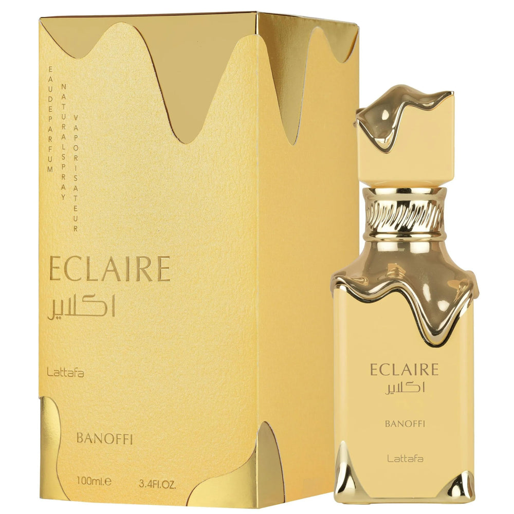 Lattafa Eclaire Banoffi collection-display showcases gourmand bottle aesthetics for gift-worthy picks.