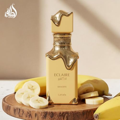 Lattafa Eclaire Banoffi dessert-note-swatch highlights banana cream and caramel depth for day-to-night wear.