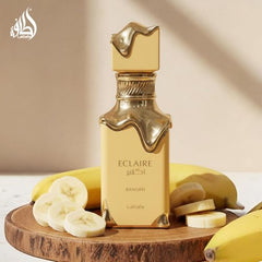 Lattafa Eclaire Banoffi dessert-note-swatch highlights banana cream and caramel depth for day-to-night wear.