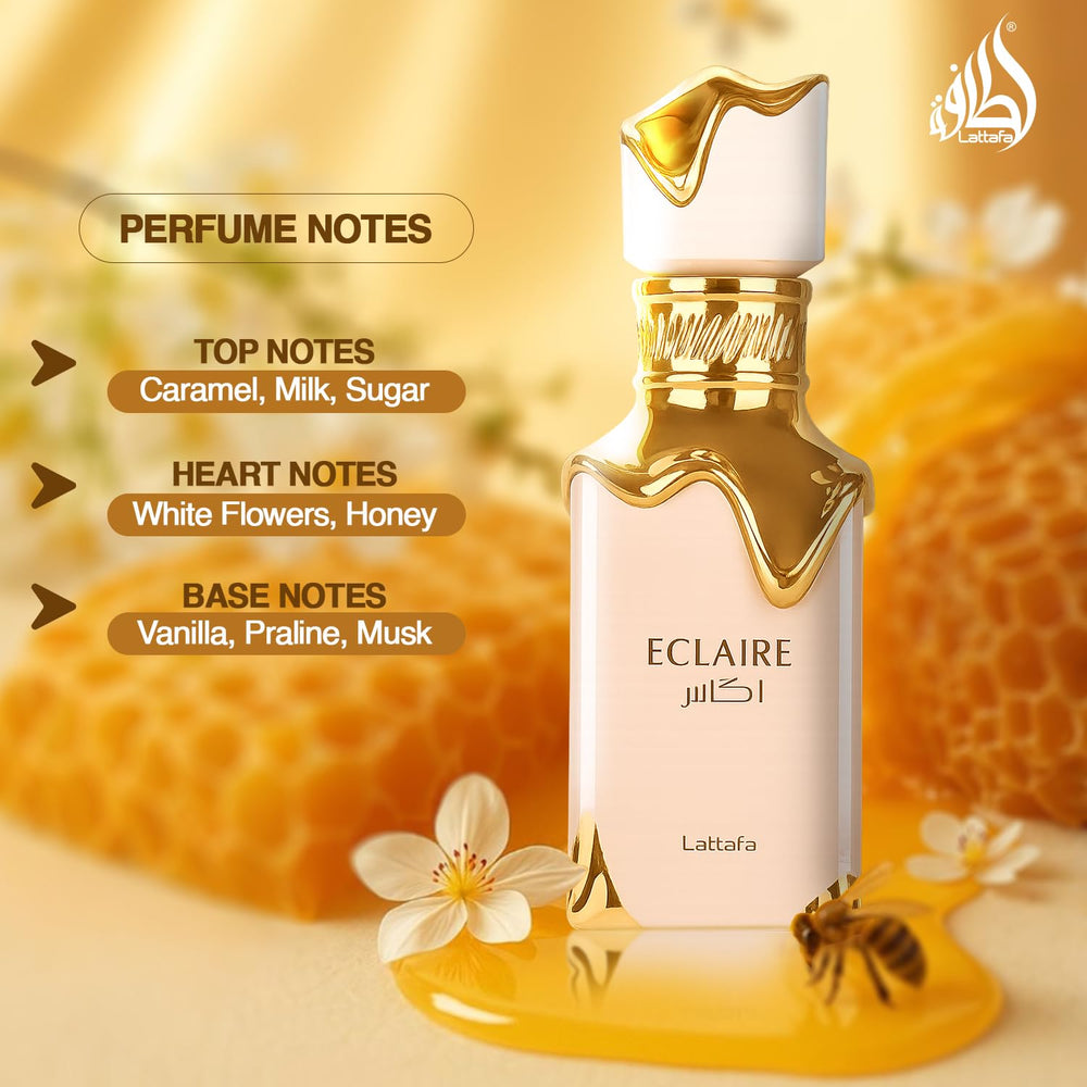Lattafa Eclaire heart notes of white flowers and honey for floral sweetness