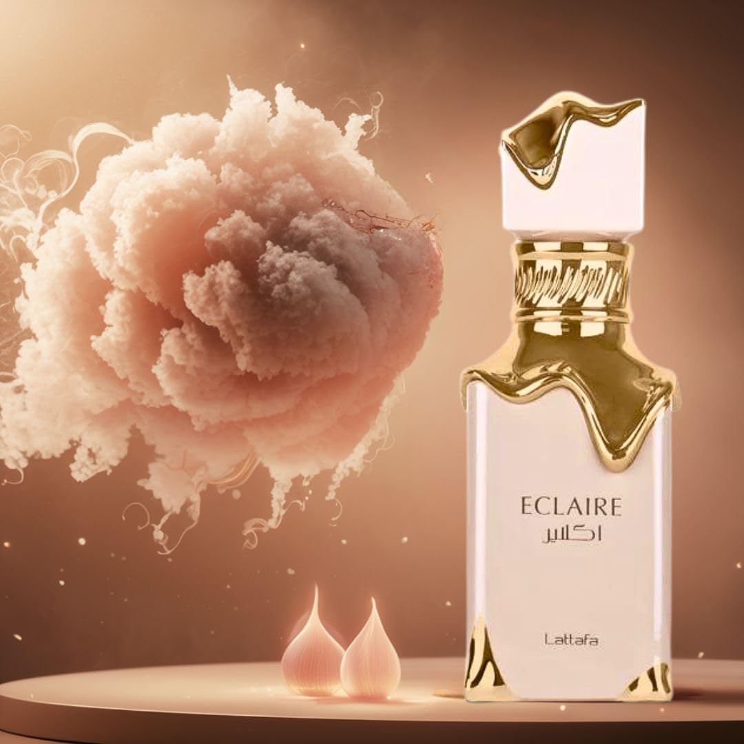 Lattafa Eclaire softly lit bottle display – premium packaging for gifting.