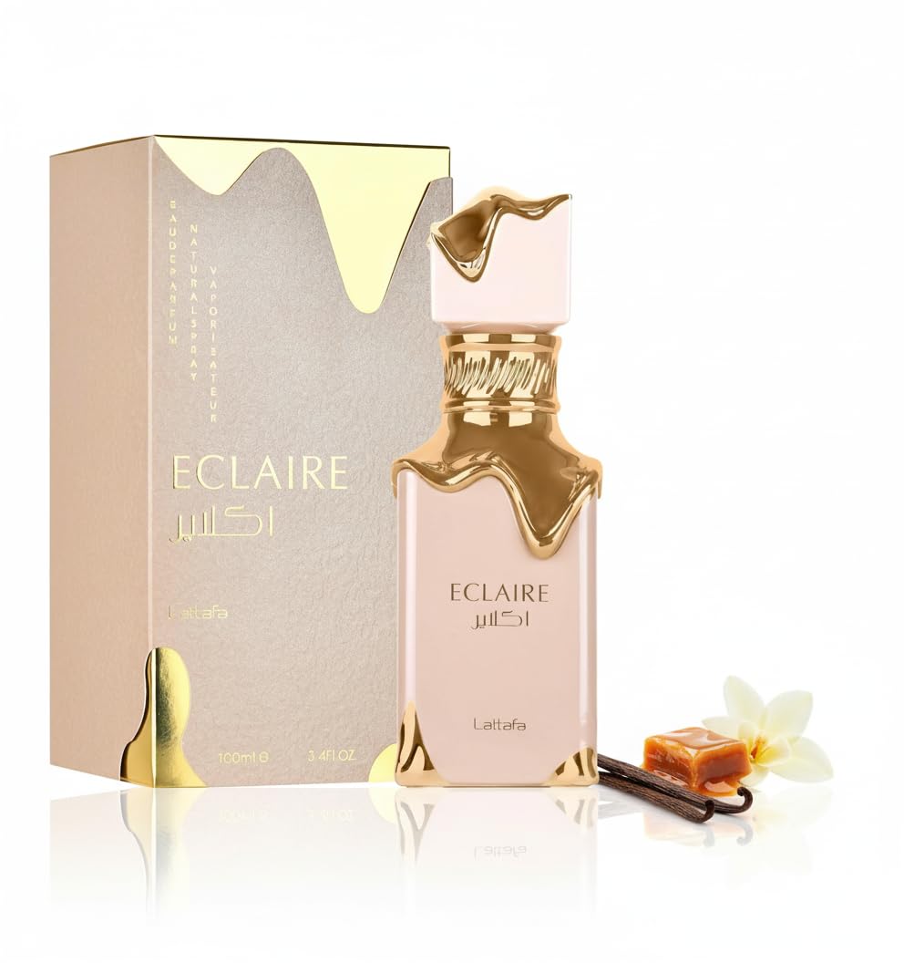 Lattafa Eclaire top notes blend caramel milk sugar for a warm gourmand opening