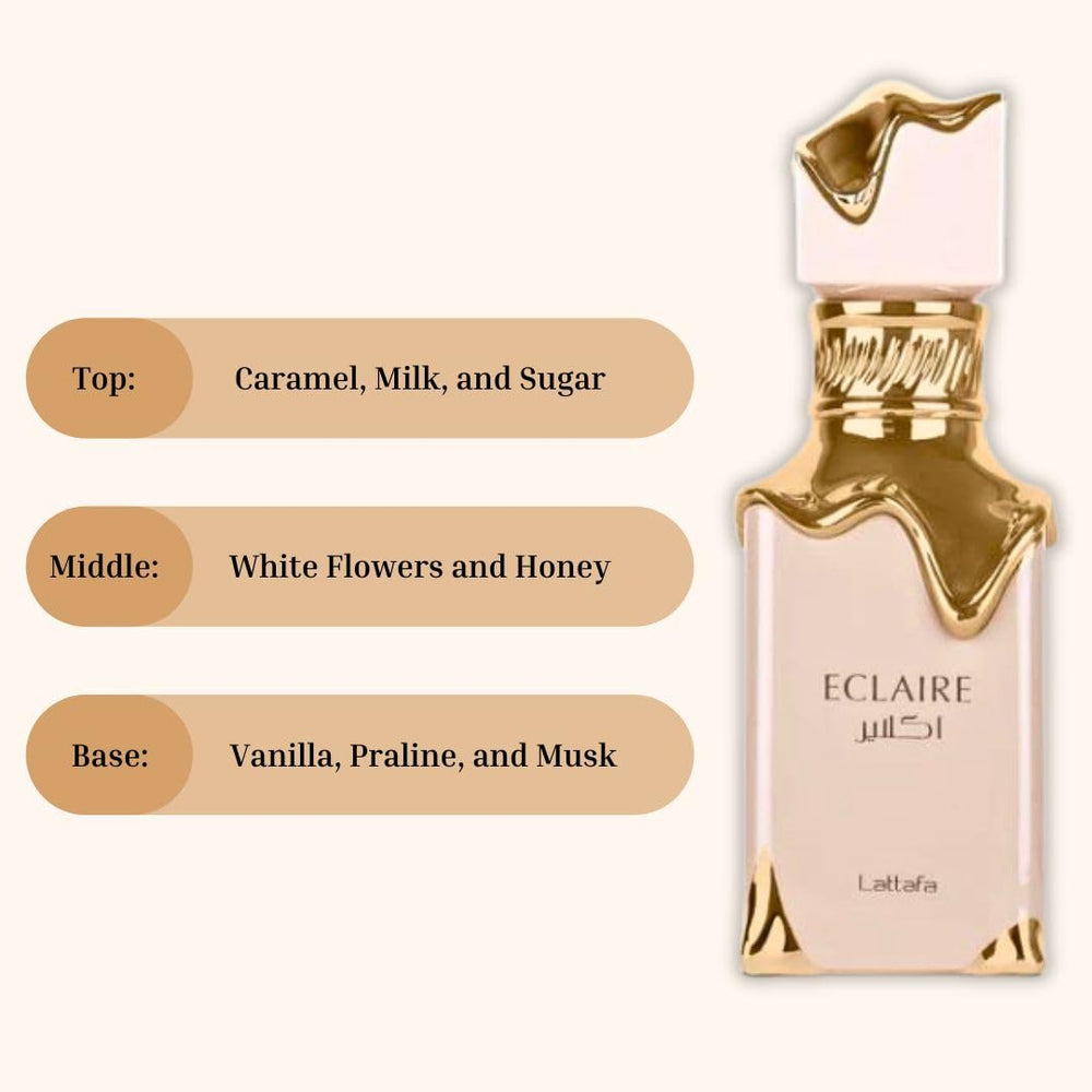 Lattafa Eclaire top notes caramel milk sugar – warm, inviting opening.