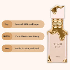Lattafa Eclaire top notes caramel milk sugar – warm, inviting opening.