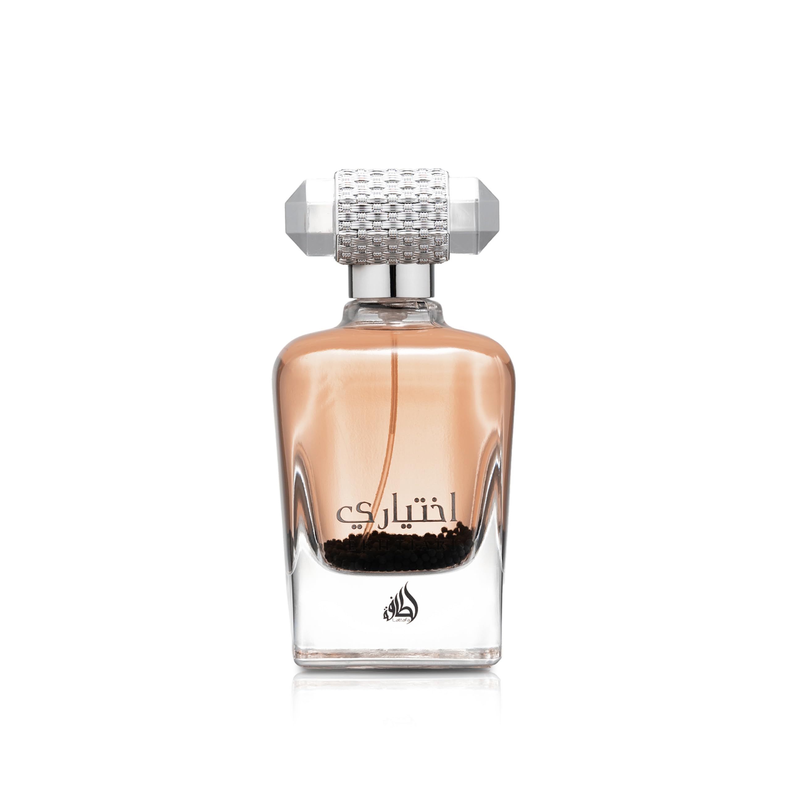 Lattafa Ekhtiari bottle-pour showcases creamy scent ideal for daytime elegance.