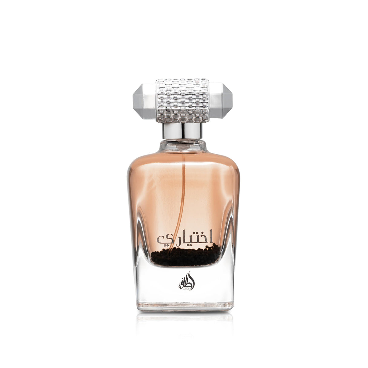 Lattafa Ekhtiari bottle-pour showcases creamy scent ideal for daytime elegance.