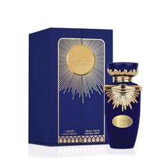 Lattafa Emaan bottle side view, showcasing a sleek silhouette for versatile unisex fragrance.