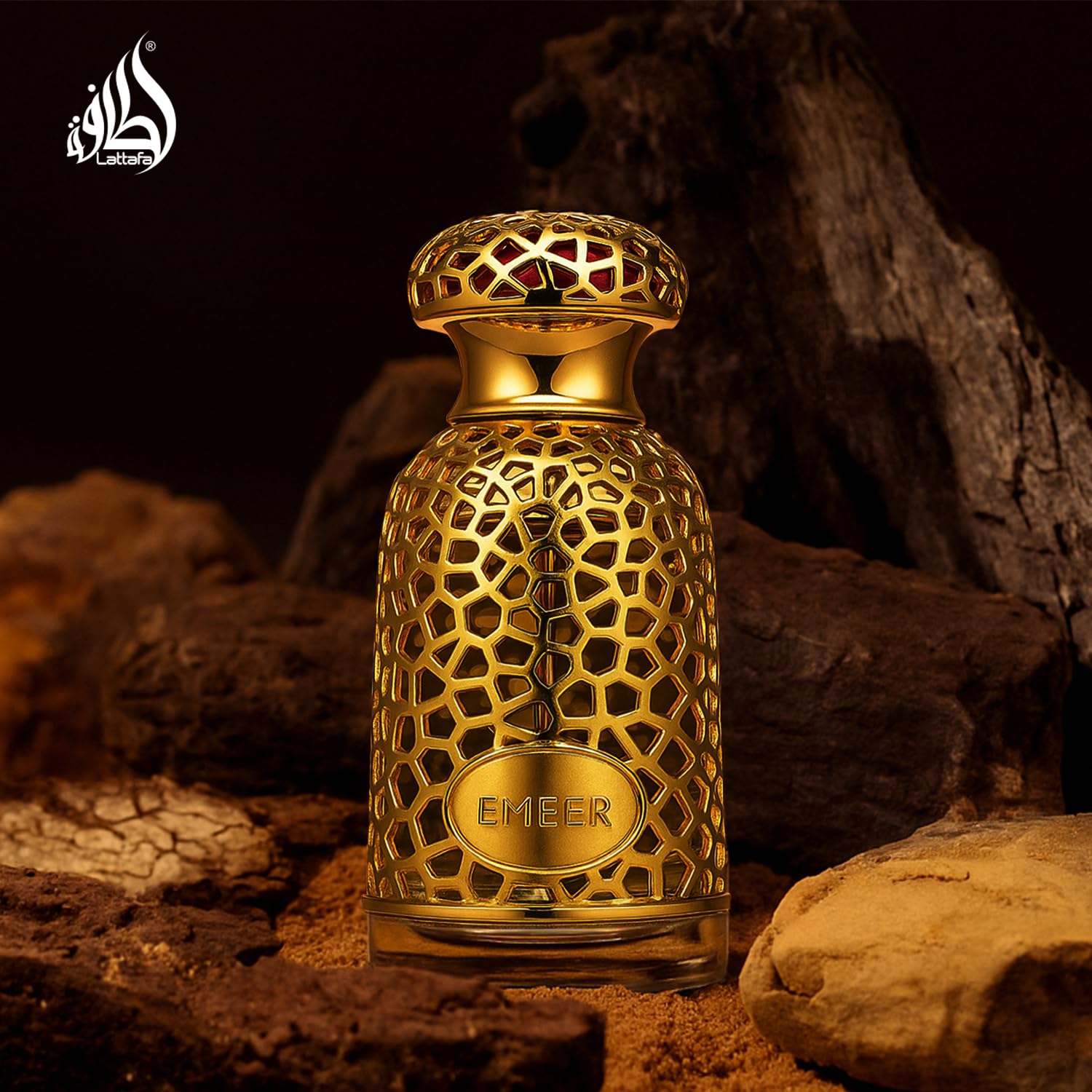 Lattafa Emeer bottle with golden liquid suggests radiant citrus woody balance