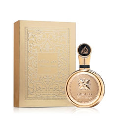 Lattafa Fakhar Gold Extrait bottle angled shot conveys unisex appeal for all occasions.