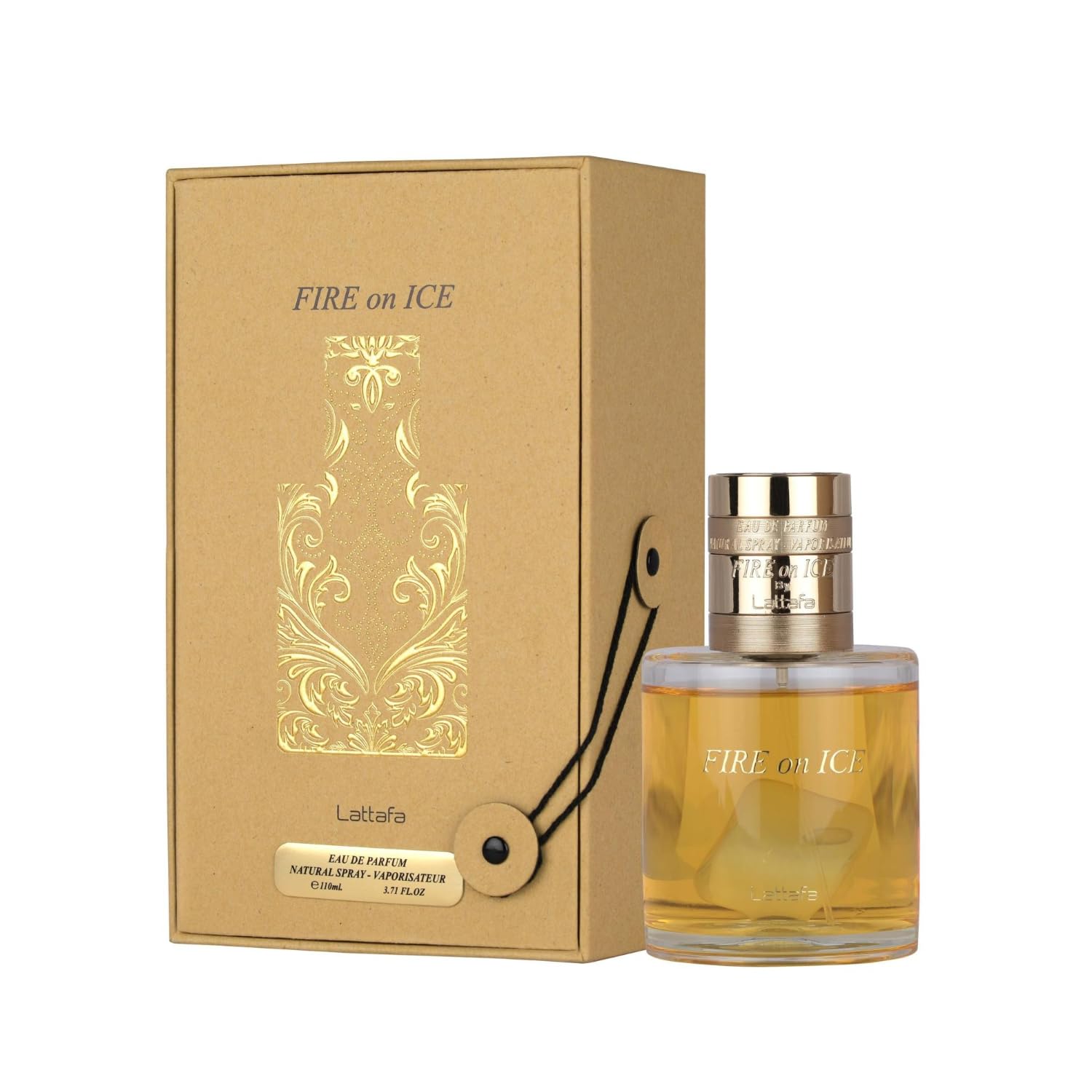 Lattafa Fire On Ice bottle closeup showcasing bold design for daytime wear