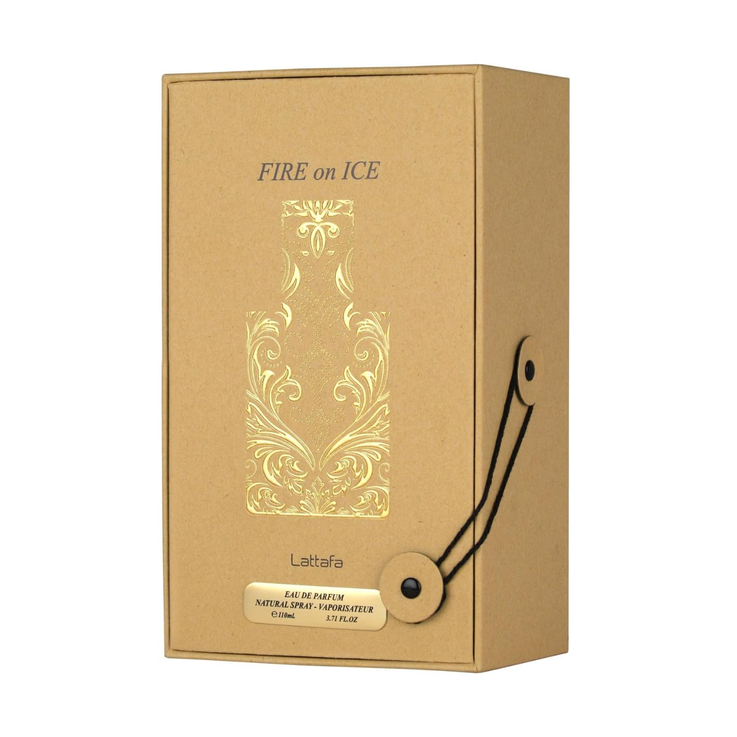 Lattafa Fire On Ice label detail highlights its refined amber-woody character