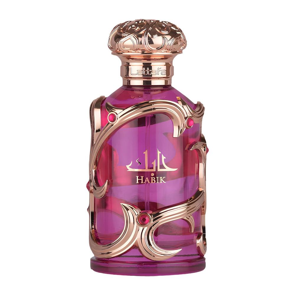 Lattafa Habik bottle front showcases elegant design for daily sophistication.