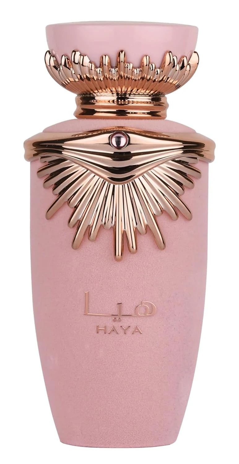 Lattafa Haya Eau de Parfum bottle showcasing elegant design and feminine fragrance.