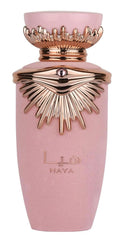 Lattafa Haya Eau de Parfum bottle showcasing elegant design and feminine fragrance.