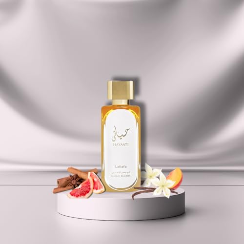 Lattafa Hayaati Gold Elixir vanity display elegant fragrance centerpiece