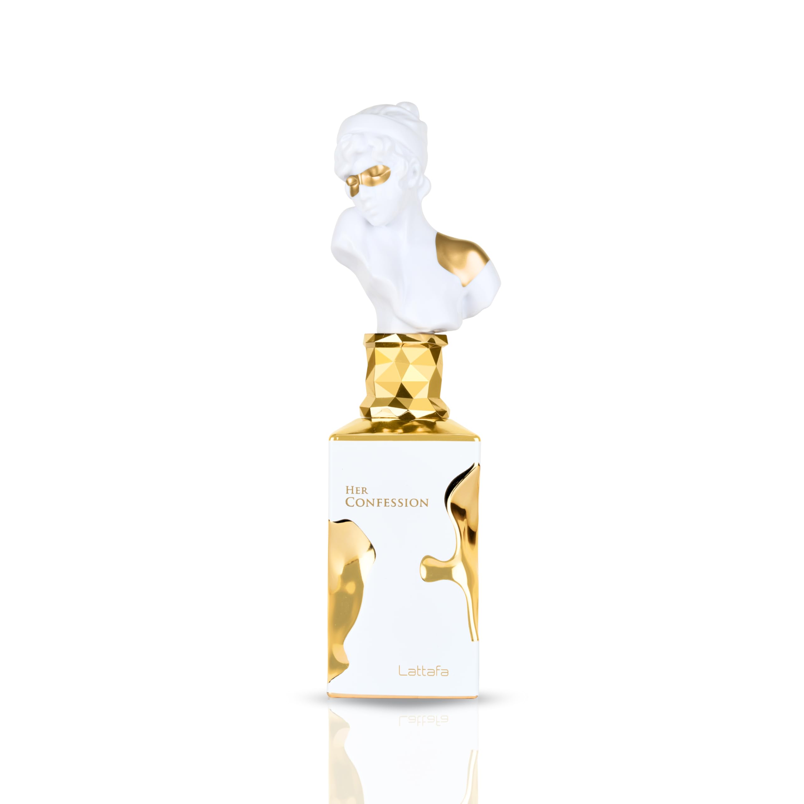 Lattafa Her Confession bottle close-up highlighting vanilla and musk for lasting elegance.