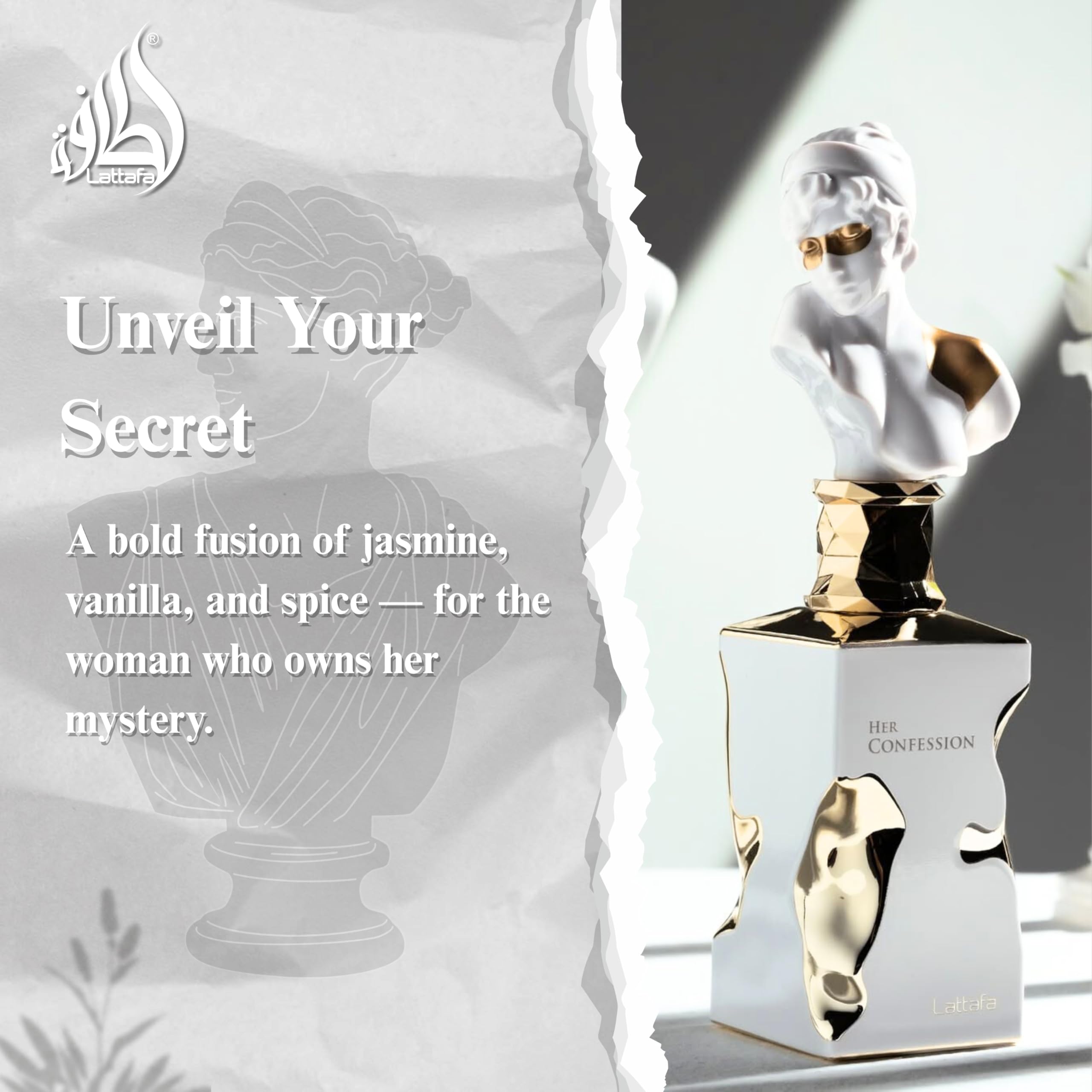 Lattafa Her Confession front bottle showcases warm amber notes and floral heart.