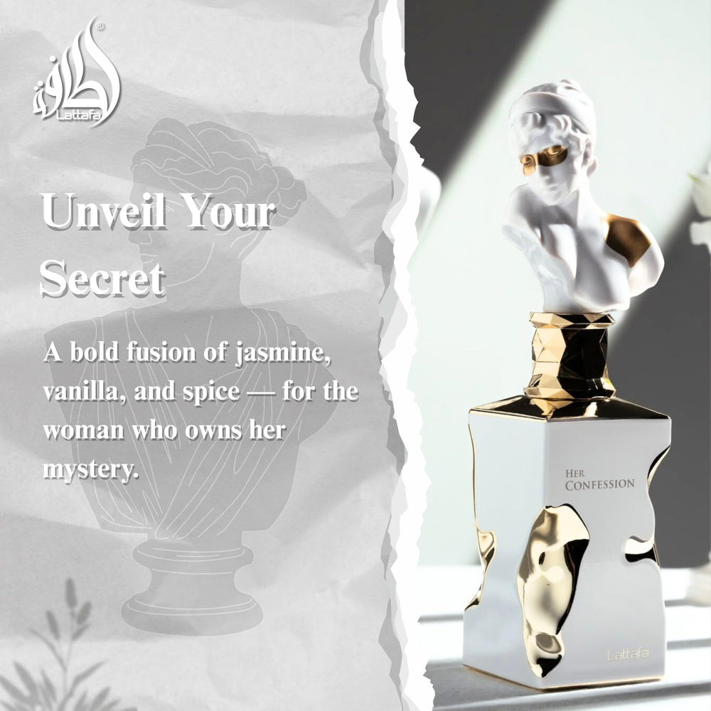 Lattafa Her Confession front bottle showcases warm amber notes and floral heart.