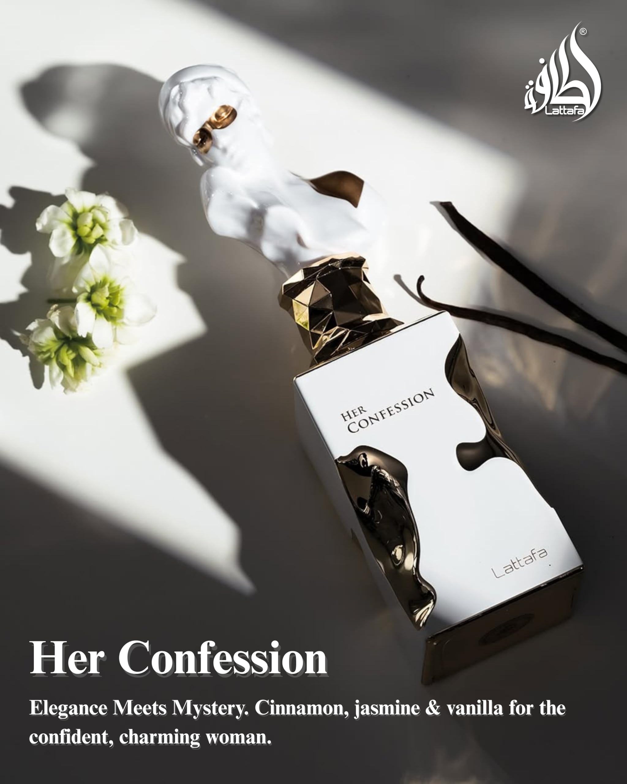 Lattafa Her Confession bottle under soft lighting.