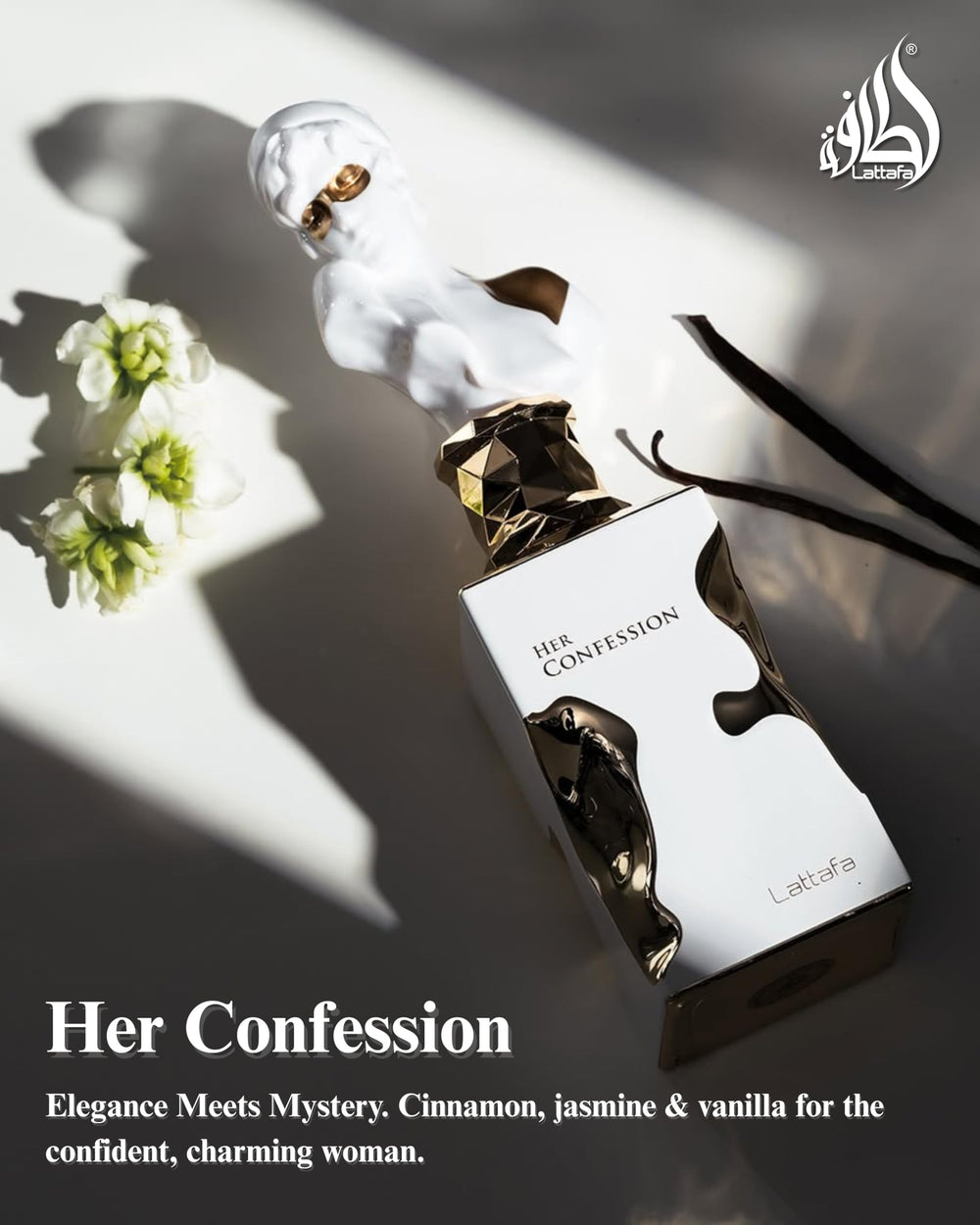 Lattafa Her Confession bottle under soft lighting.