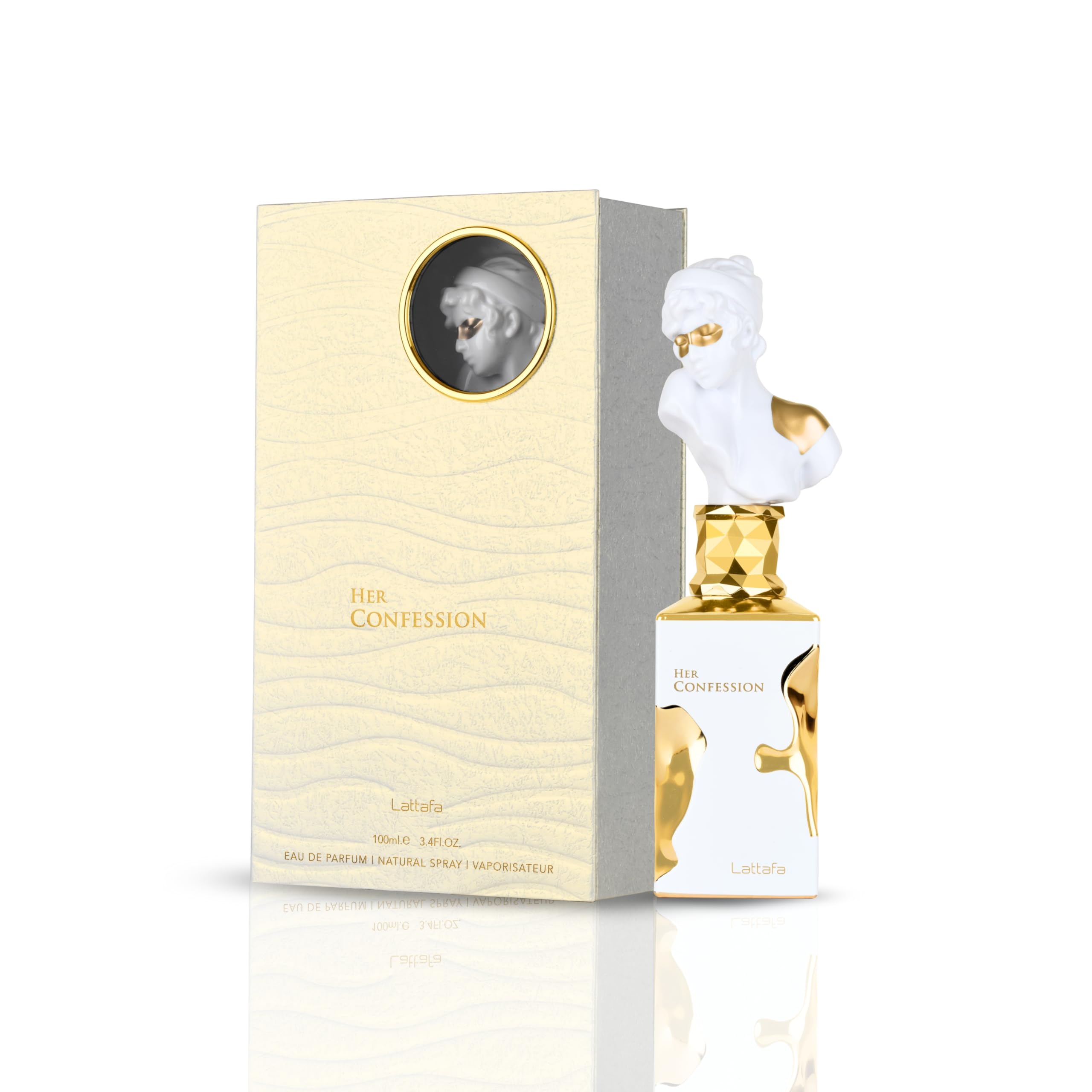 Lattafa Her Confession spray nozzle releasing a gentle mist.