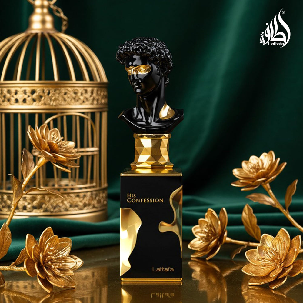Lattafa His Confession cedarwood incense and amber form a durable dry-down.