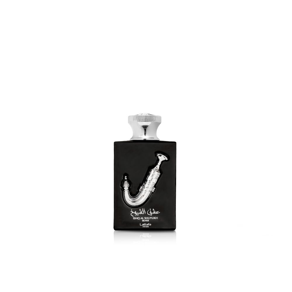 Lattafa Ishq Al Shuyukh Silver bottle closeup highlights citrus and spice for versatile wear.