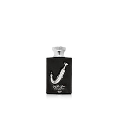 Lattafa Ishq Al Shuyukh Silver bottle closeup highlights citrus and spice for versatile wear.