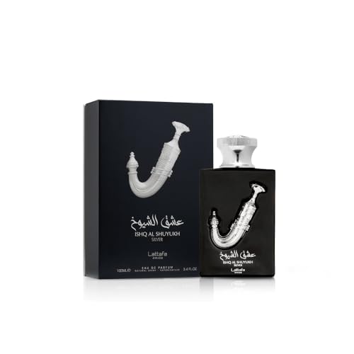 Lattafa Ishq Al Shuyukh Silver packaging box shows premium presentation for gifting.