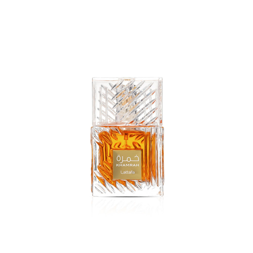 Lattafa Khamrah bottle closeup highlighting warm spice for evening wear
