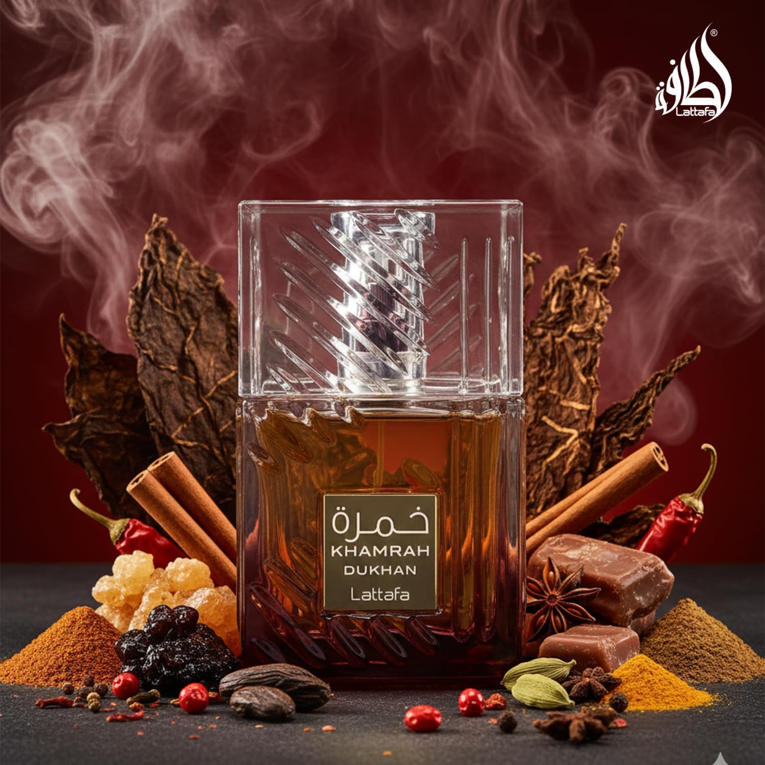 Lattafa Khamrah-dukhan base notes tobacco amber exude rich warmth.