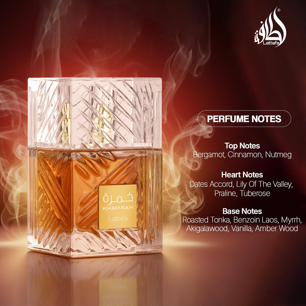 Lattafa Khamrah front view showcasing sleek design and unisex appeal