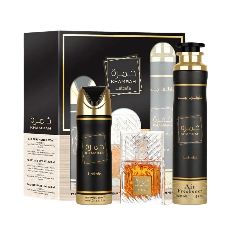 Lattafa Khamrah gift set packaging showcased as a premium unisex gift.