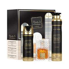 Lattafa Khamrah gift set packaging showcased as a premium unisex gift.