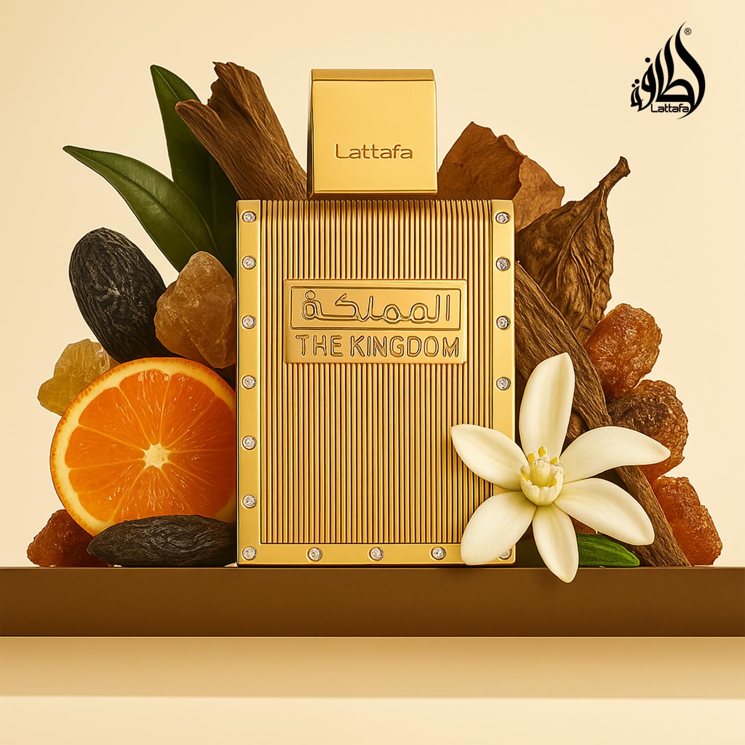 Lattafa The Kingdom base-notes shot with benzoin, tonka bean, labdanum for depth