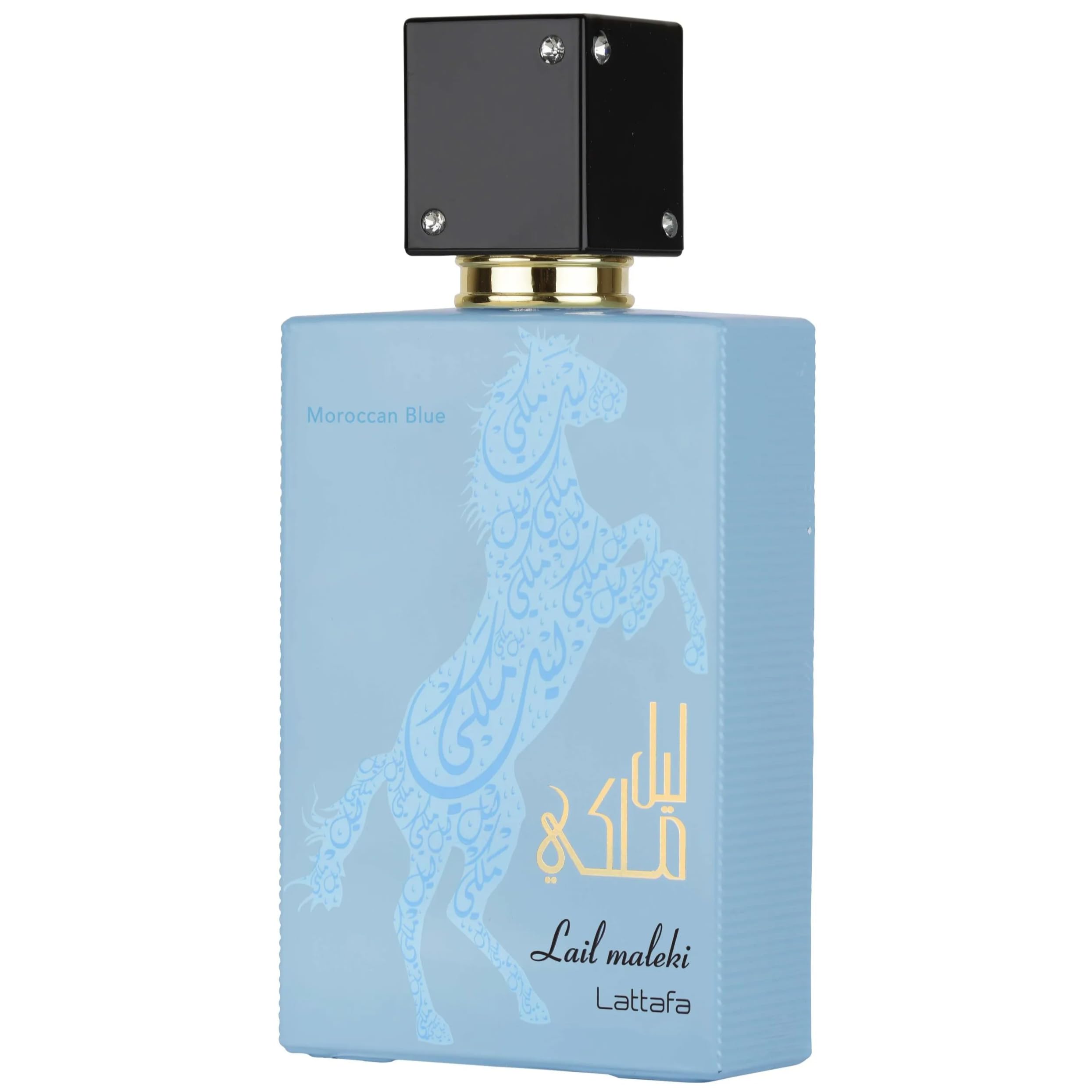Lattafa Lail Maleki Moroccan Blue bottle front view—bold evening fragrance statement.