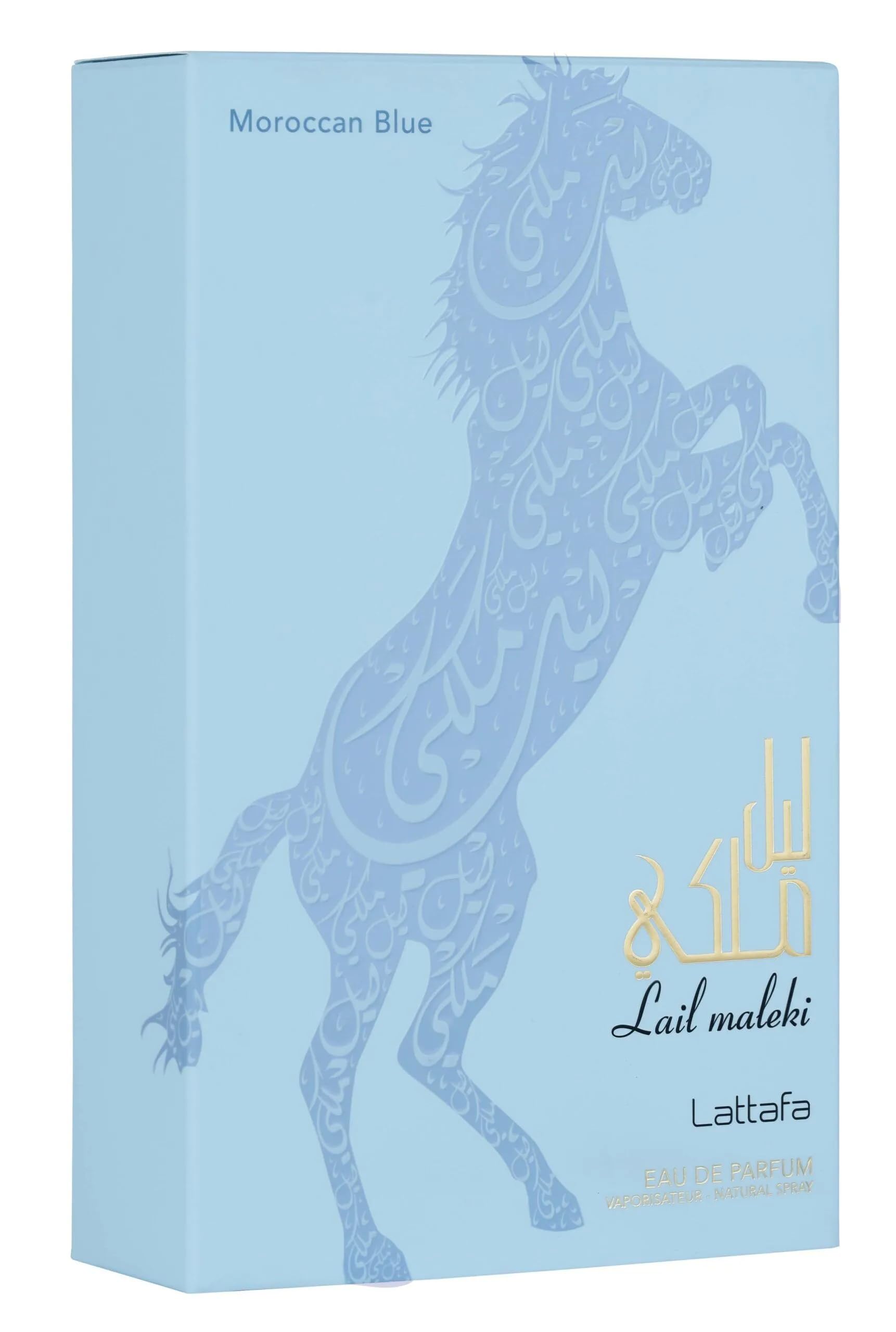 Lattafa Lail Maleki Moroccan Blue cap design signals luxury gift-worthy fragrance.