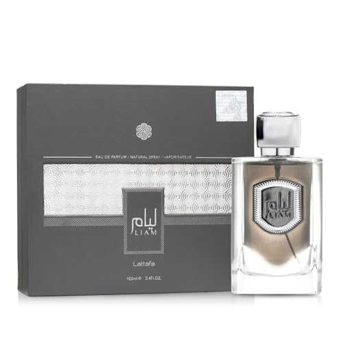 Lattafa Liam Grey angled bottle shot highlights opulent spice and creamy woods.