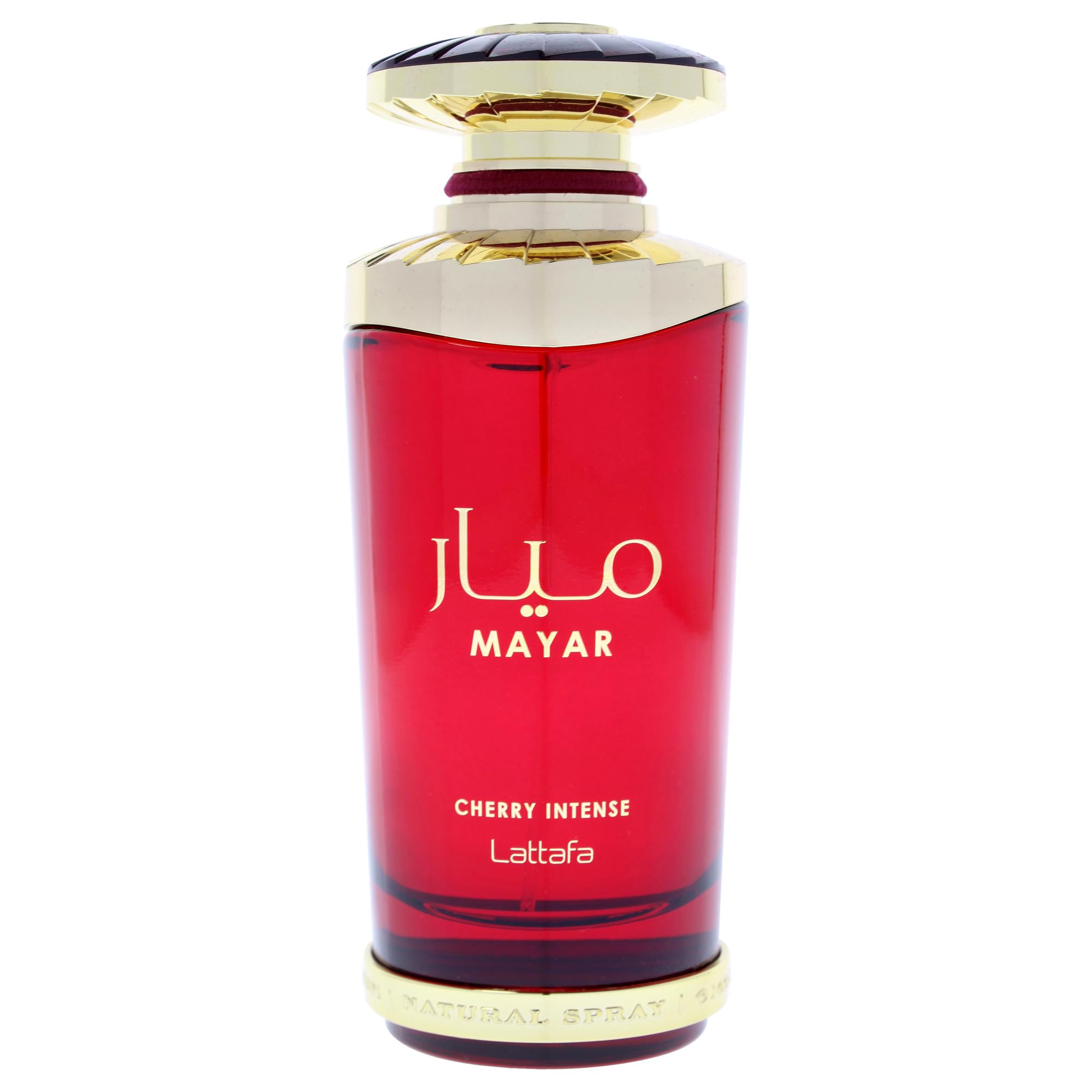Lattafa Mayar Cherry Intense bottle side view highlights warm vanilla base