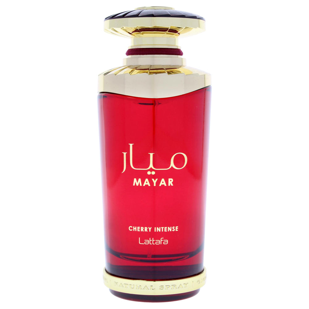 Lattafa Mayar Cherry Intense bottle side view highlights warm vanilla base