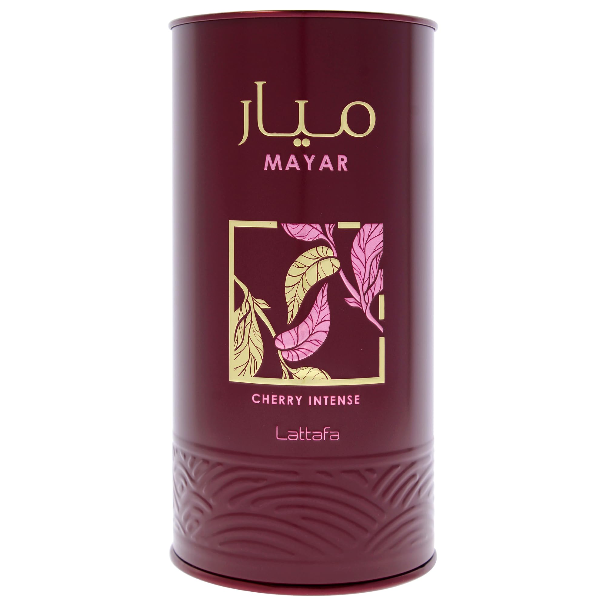 Lattafa Mayar Cherry Intense top-view bottle emphasizes fruity strawberry opening