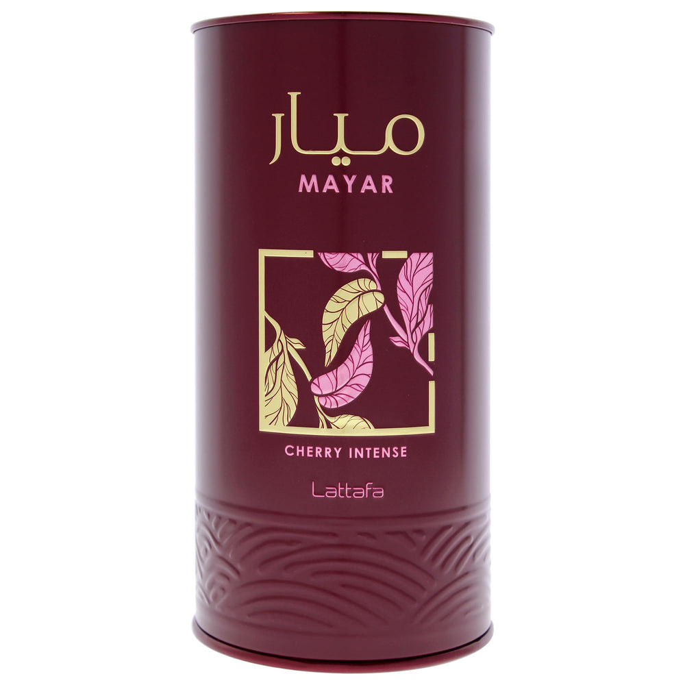 Lattafa Mayar Cherry Intense top-view bottle emphasizes fruity strawberry opening